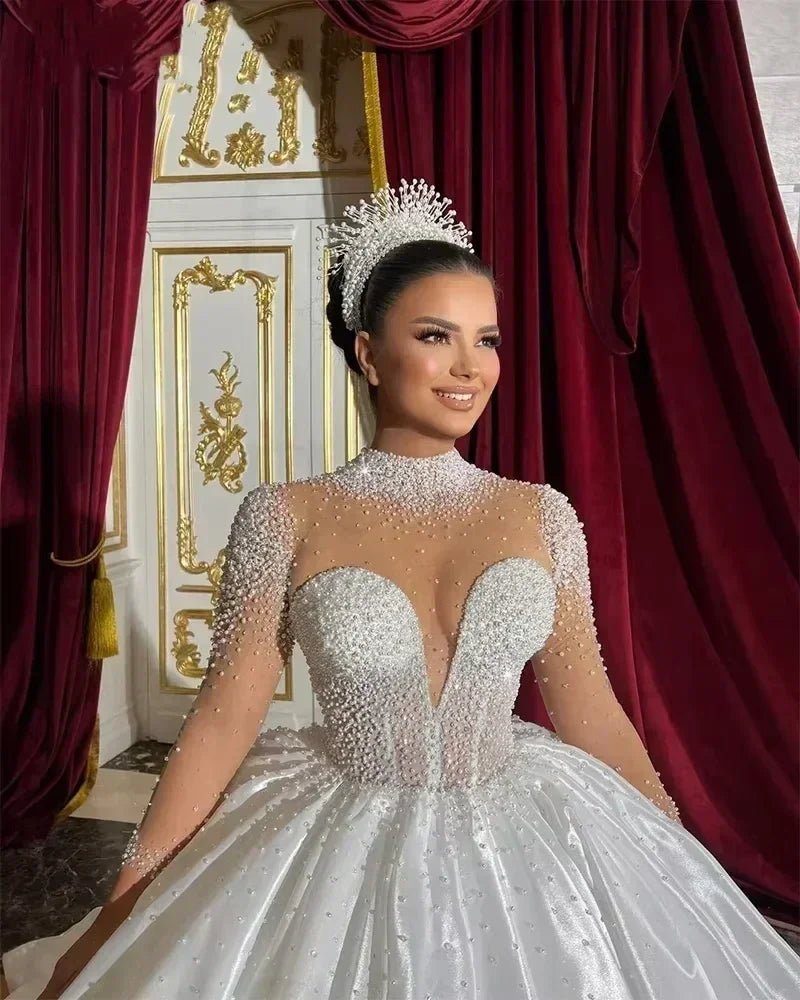 Flavinke Customized Wedding Dresses Long Sleeves High Neck Pearls Bridal Princess Ball Gown Chapel Trian Women vestidos de novia - Luzilly Bridal & Apparel