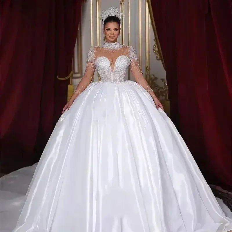 Flavinke Customized Wedding Dresses Long Sleeves High Neck Pearls Bridal Princess Ball Gown Chapel Trian Women vestidos de novia - Luzilly Bridal & Apparel