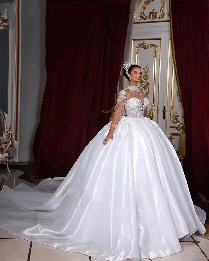 Flavinke Customized Wedding Dresses Long Sleeves High Neck Pearls Bridal Princess Ball Gown Chapel Trian Women vestidos de novia - Luzilly Bridal & Apparel
