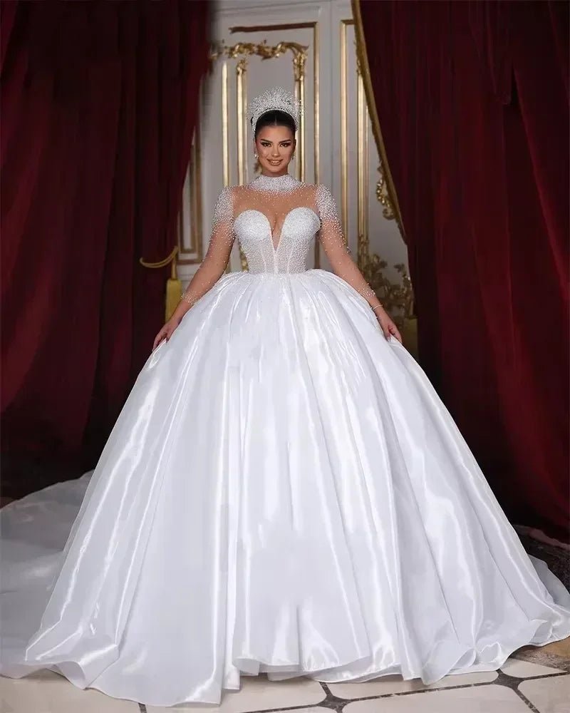 Flavinke Customized Wedding Dresses Long Sleeves High Neck Pearls Bridal Princess Ball Gown Chapel Trian Women vestidos de novia - Luzilly Bridal & Apparel