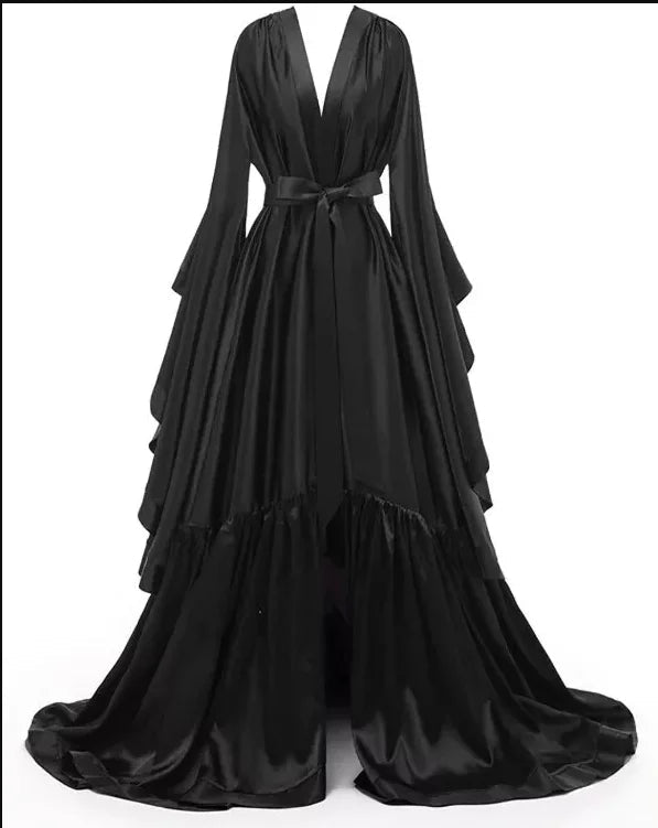 Floor-Length Elastic-Satin Bridal Robe with Illusion Back - Luzilly Bridal & Apparel