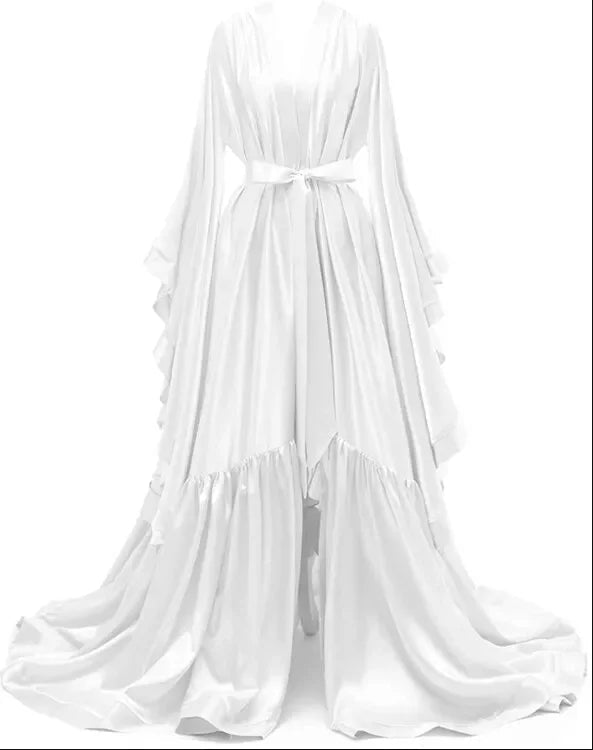 Floor-Length Elastic-Satin Bridal Robe with Illusion Back - Luzilly Bridal & Apparel