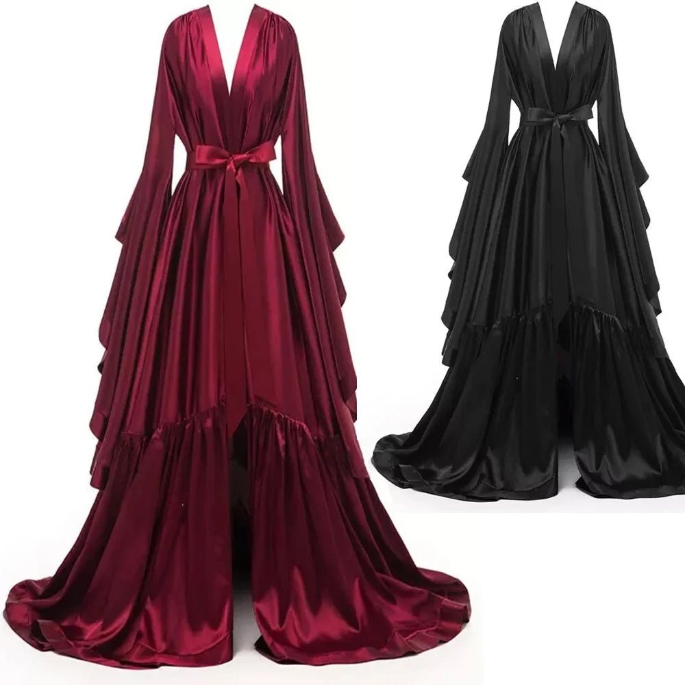 Floor-Length Elastic-Satin Bridal Robe with Illusion Back - Luzilly Bridal & Apparel