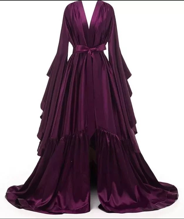 Floor-Length Elastic-Satin Bridal Robe with Illusion Back - Luzilly Bridal & Apparel