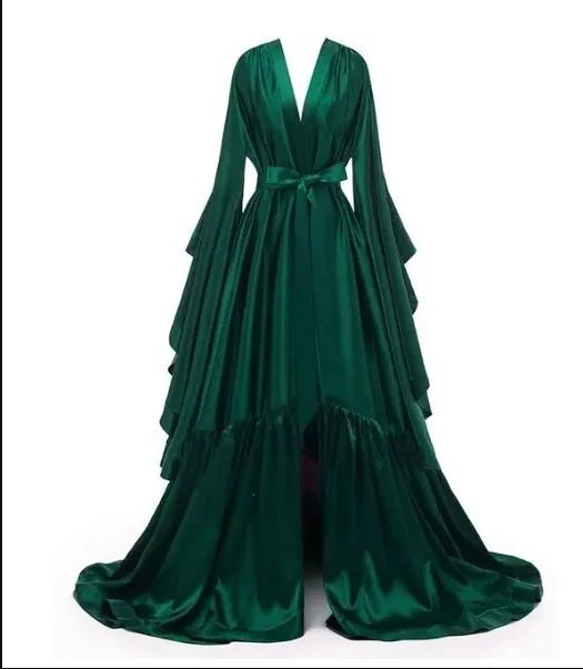 Floor-Length Elastic-Satin Bridal Robe with Illusion Back - Luzilly Bridal & Apparel
