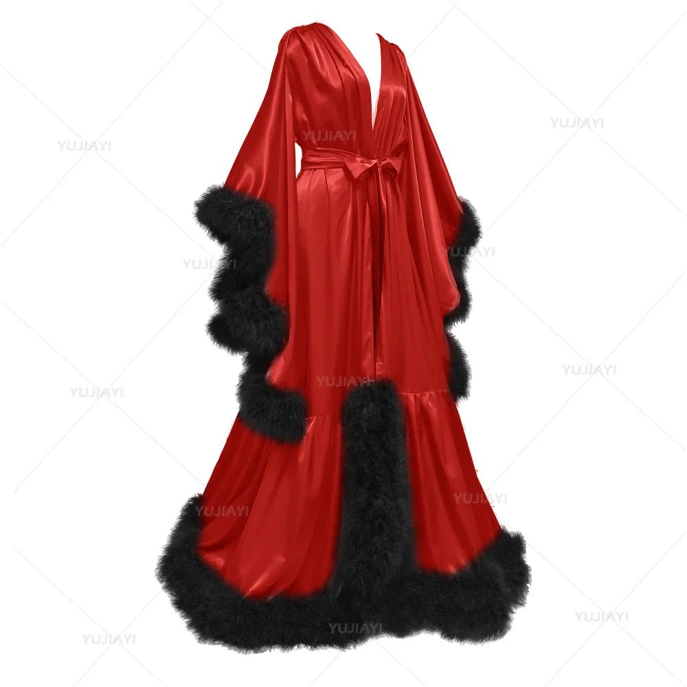 Floor-Length Feather and Illusion Bridal Robe - Luzilly Bridal & Apparel
