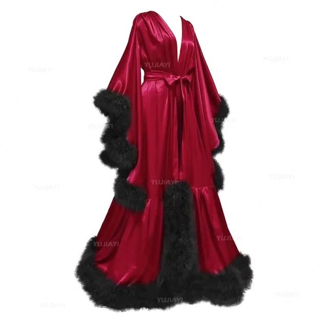 Floor-Length Feather and Illusion Bridal Robe - Luzilly Bridal & Apparel