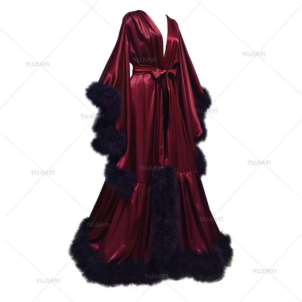 Floor-Length Feather and Illusion Bridal Robe - Luzilly Bridal & Apparel
