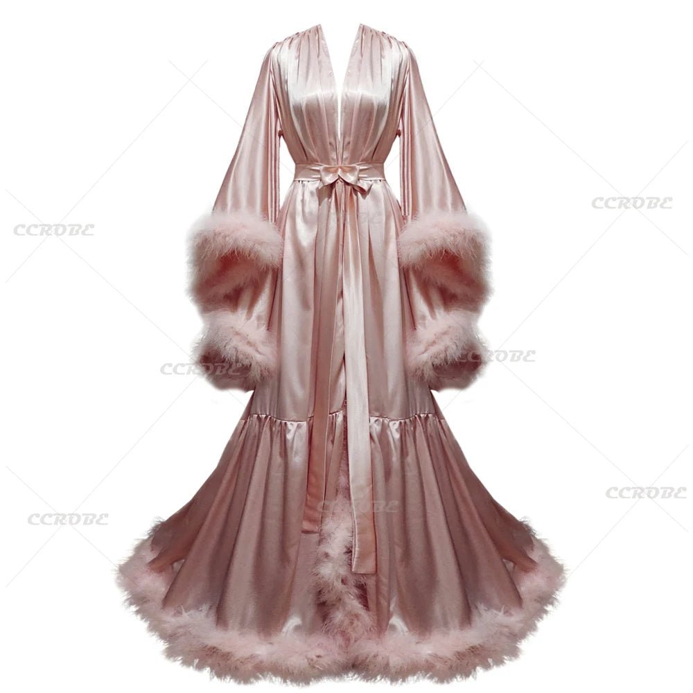 Floor-Length Feather and Illusion Bridal Robe - Luzilly Bridal & Apparel