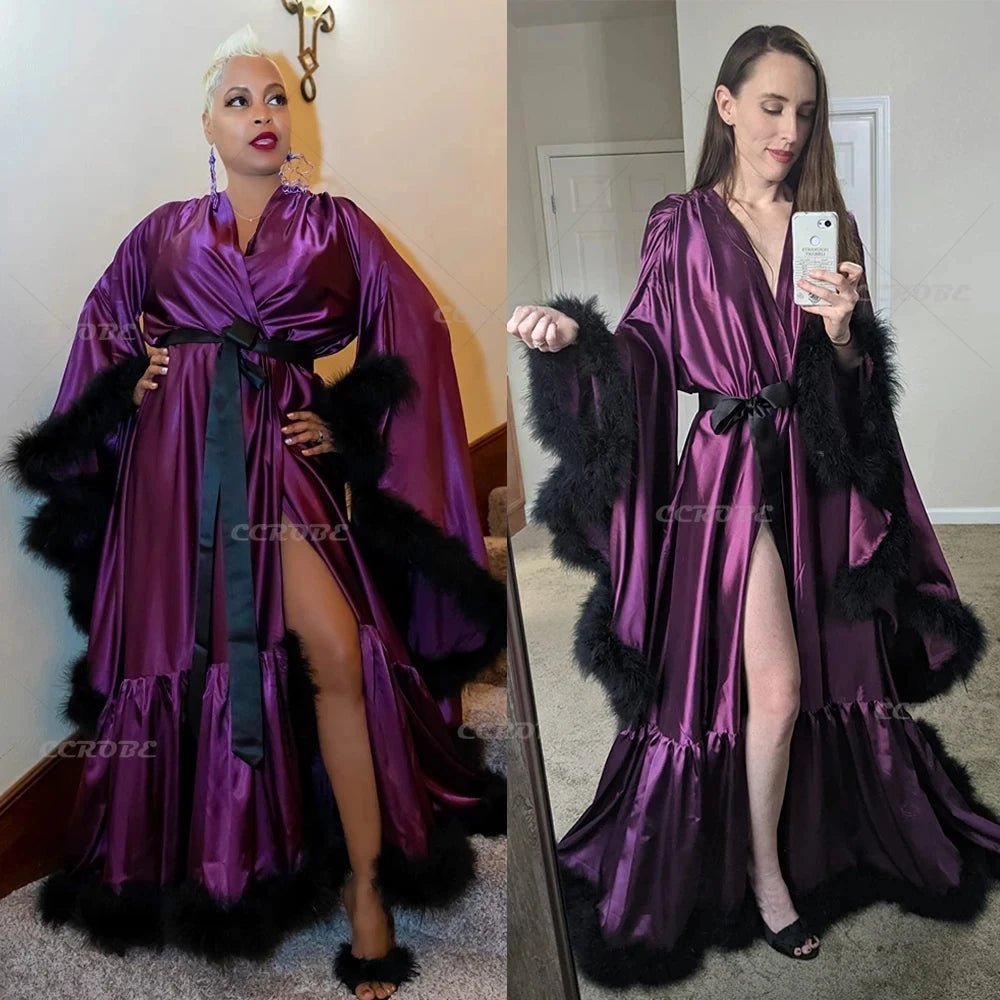 Floor-Length Feather and Illusion Bridal Robe - Luzilly Bridal & Apparel