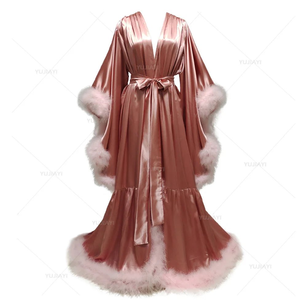 Floor-Length Feather and Illusion Bridal Robe - Luzilly Bridal & Apparel