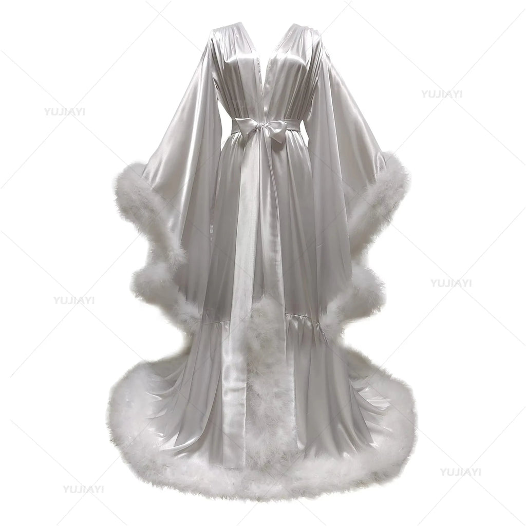 Floor-Length Feather and Illusion Bridal Robe - Luzilly Bridal & Apparel