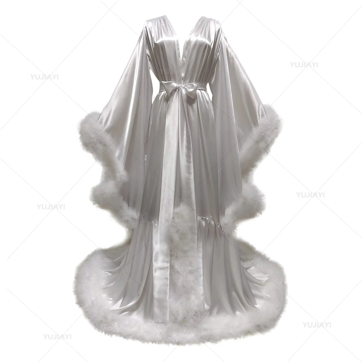 Floor-Length Feather and Illusion Bridal Robe - Luzilly Bridal & Apparel