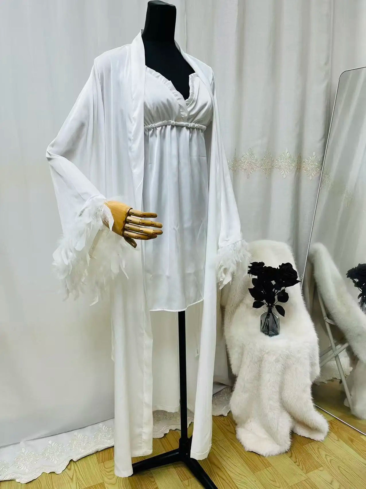 Floor-Length Feather-Sleeve Robe and Nightgown Set - Luzilly Bridal & Apparel