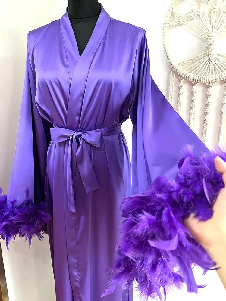 Floor-Length Feather-Trim Satin Bridal Robe - Luzilly Bridal & Apparel