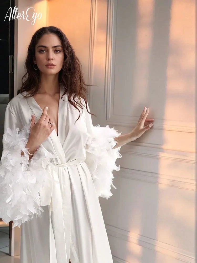 Floor-Length Feather-Trim Satin Bridal Robe - Luzilly Bridal & Apparel
