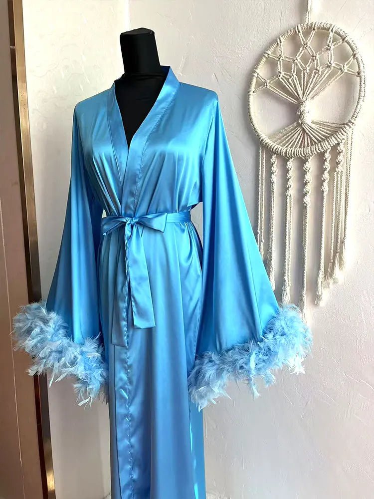 Floor-Length Feather-Trim Satin Bridal Robe - Luzilly Bridal & Apparel