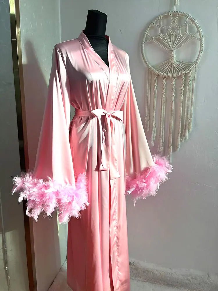 Floor-Length Feather-Trim Satin Bridal Robe - Luzilly Bridal & Apparel