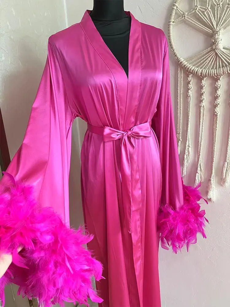 Floor-Length Feather-Trim Satin Bridal Robe - Luzilly Bridal & Apparel