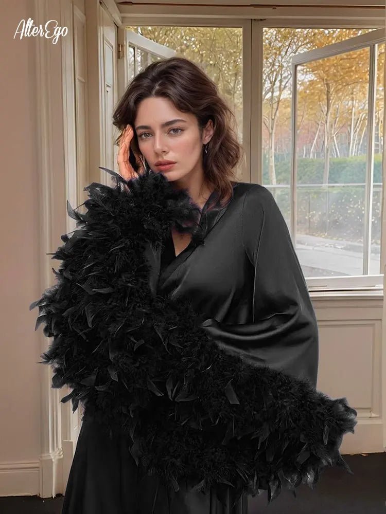 Floor-Length Feather-Trim Satin Bridal Robe - Luzilly Bridal & Apparel
