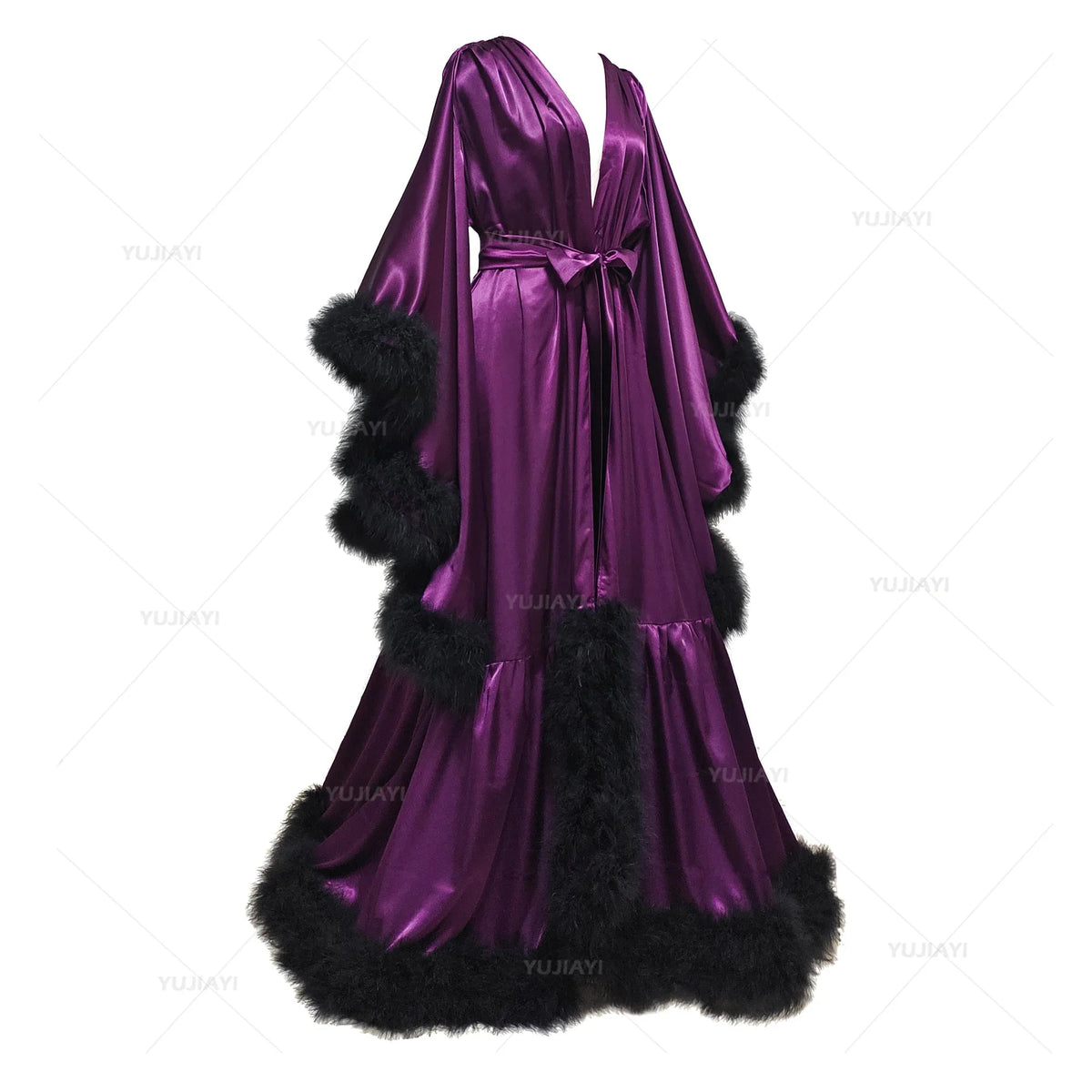Floor-Length Flare-Sleeve Satin Bridal Robe - Luzilly Bridal & Apparel