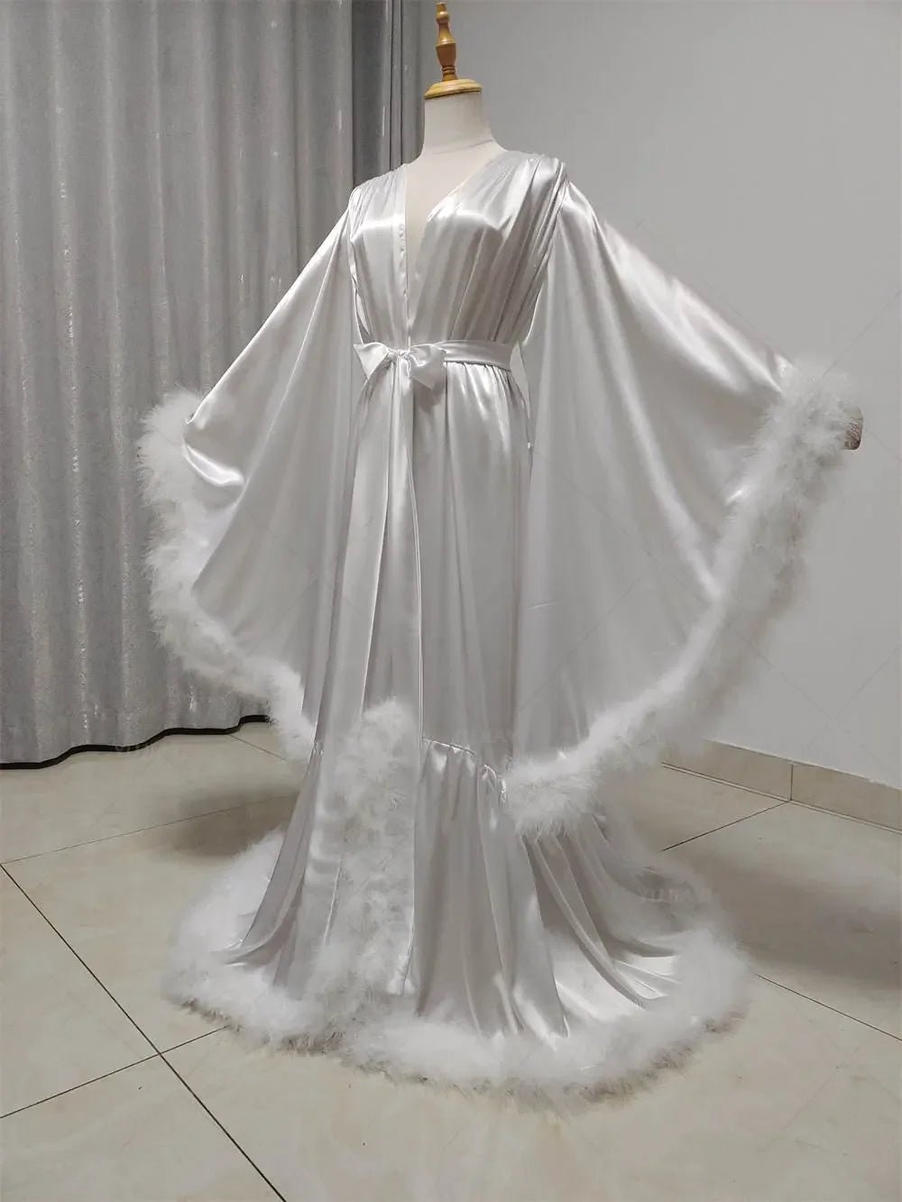 Floor-Length Flare-Sleeve Satin Bridal Robe - Luzilly Bridal & Apparel