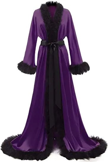Floor-Length Fur-Feather Satin Bridal Robe - Luzilly Bridal & Apparel