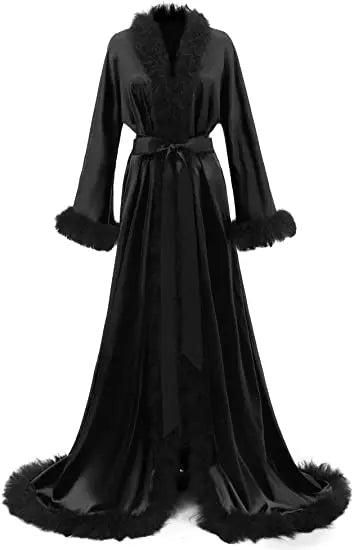 Floor-Length Fur-Feather Satin Bridal Robe - Luzilly Bridal & Apparel