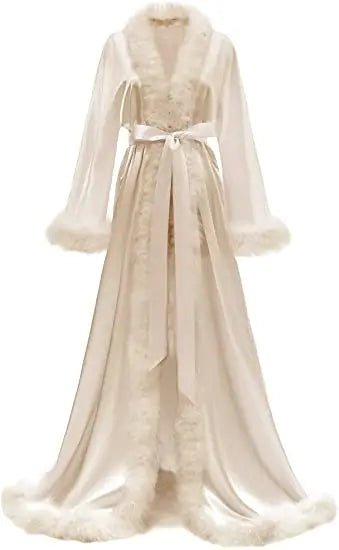 Floor-Length Fur-Feather Satin Bridal Robe - Luzilly Bridal & Apparel