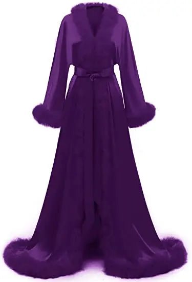 Floor-Length Fur-Feather Satin Bridal Robe - Luzilly Bridal & Apparel