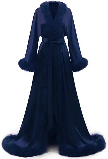 Floor-Length Fur-Feather Satin Bridal Robe - Luzilly Bridal & Apparel