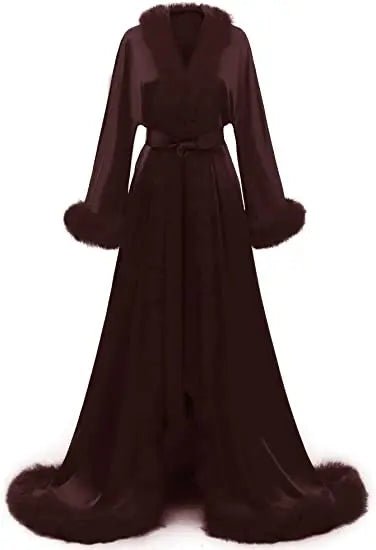 Floor-Length Fur-Feather Satin Bridal Robe - Luzilly Bridal & Apparel