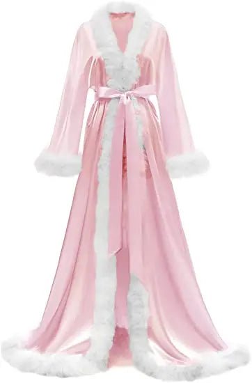 Floor-Length Fur-Feather Satin Bridal Robe - Luzilly Bridal & Apparel
