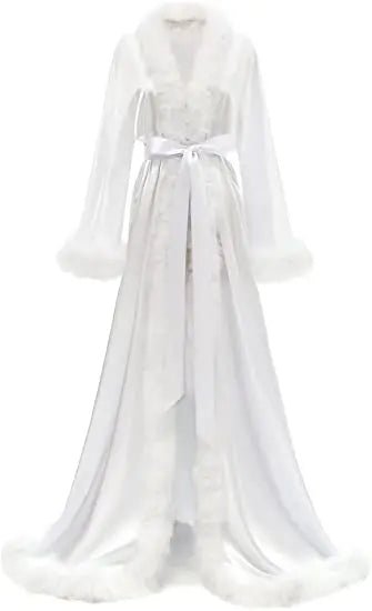 Floor-Length Fur-Feather Satin Bridal Robe - Luzilly Bridal & Apparel