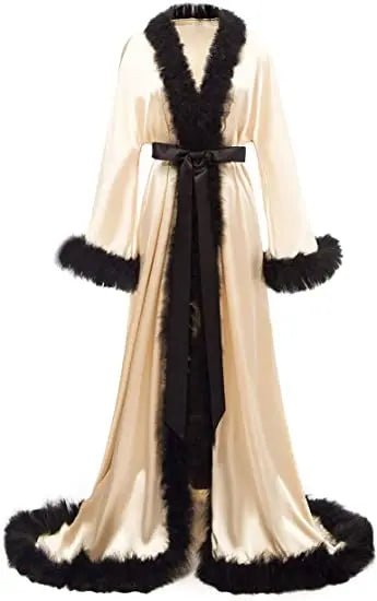 Floor-Length Fur-Feather Satin Bridal Robe - Luzilly Bridal & Apparel
