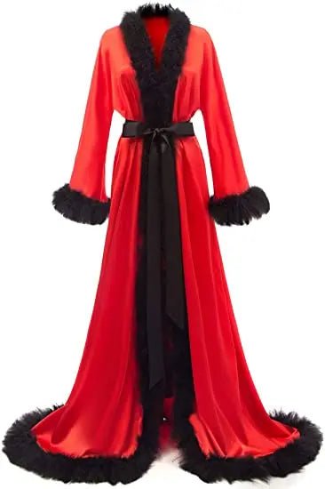 Floor-Length Fur-Feather Satin Bridal Robe - Luzilly Bridal & Apparel