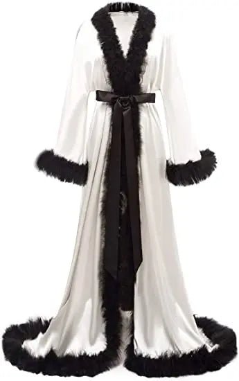 Floor-Length Fur-Feather Satin Bridal Robe - Luzilly Bridal & Apparel