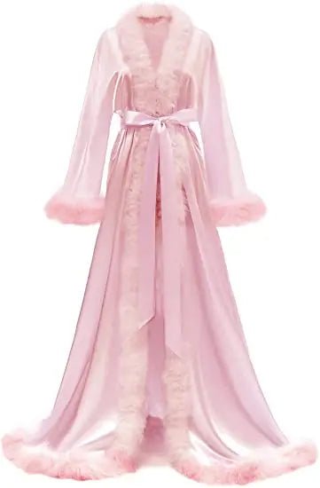 Floor-Length Fur-Feather Satin Bridal Robe - Luzilly Bridal & Apparel