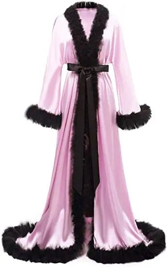 Floor-Length Fur-Feather Satin Bridal Robe - Luzilly Bridal & Apparel