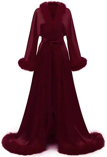 Floor-Length Fur-Feather Satin Bridal Robe - Luzilly Bridal & Apparel
