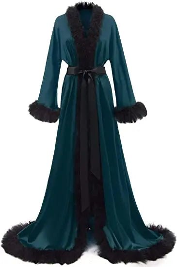 Floor-Length Fur-Feather Satin Bridal Robe - Luzilly Bridal & Apparel