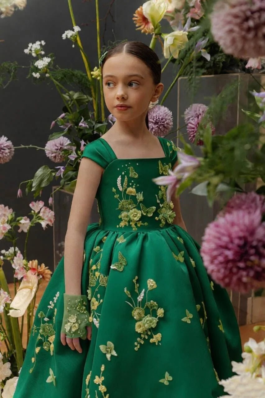 Floral Applique Tea Length Flower Girl Dress - Luzilly Bridal & Apparel