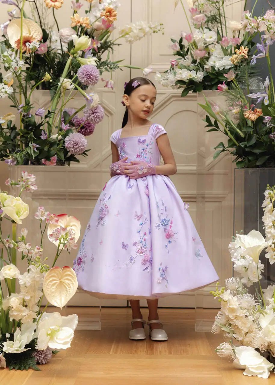 Floral Applique Tea Length Flower Girl Dress - Luzilly Bridal & Apparel