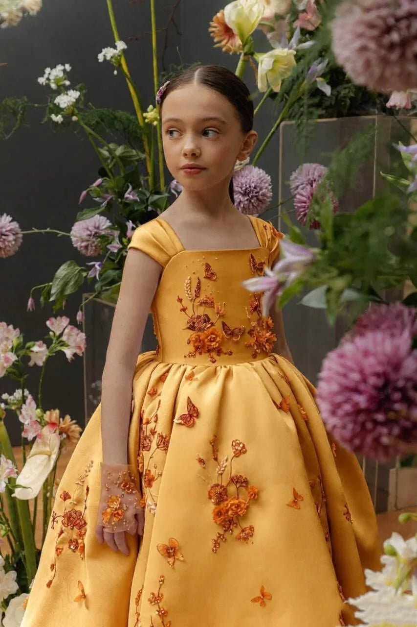 Floral Applique Tea Length Flower Girl Dress - Luzilly Bridal & Apparel