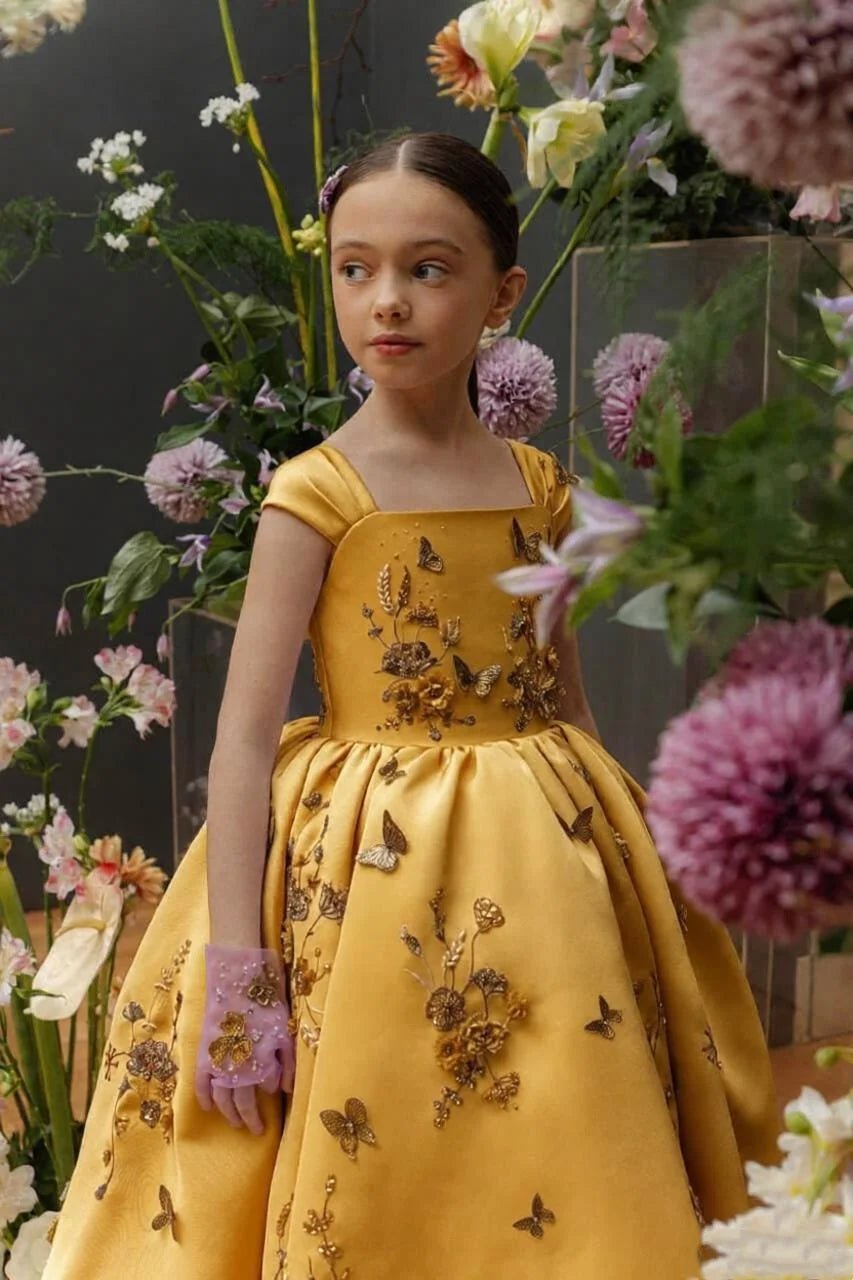 Floral Applique Tea Length Flower Girl Dress - Luzilly Bridal & Apparel
