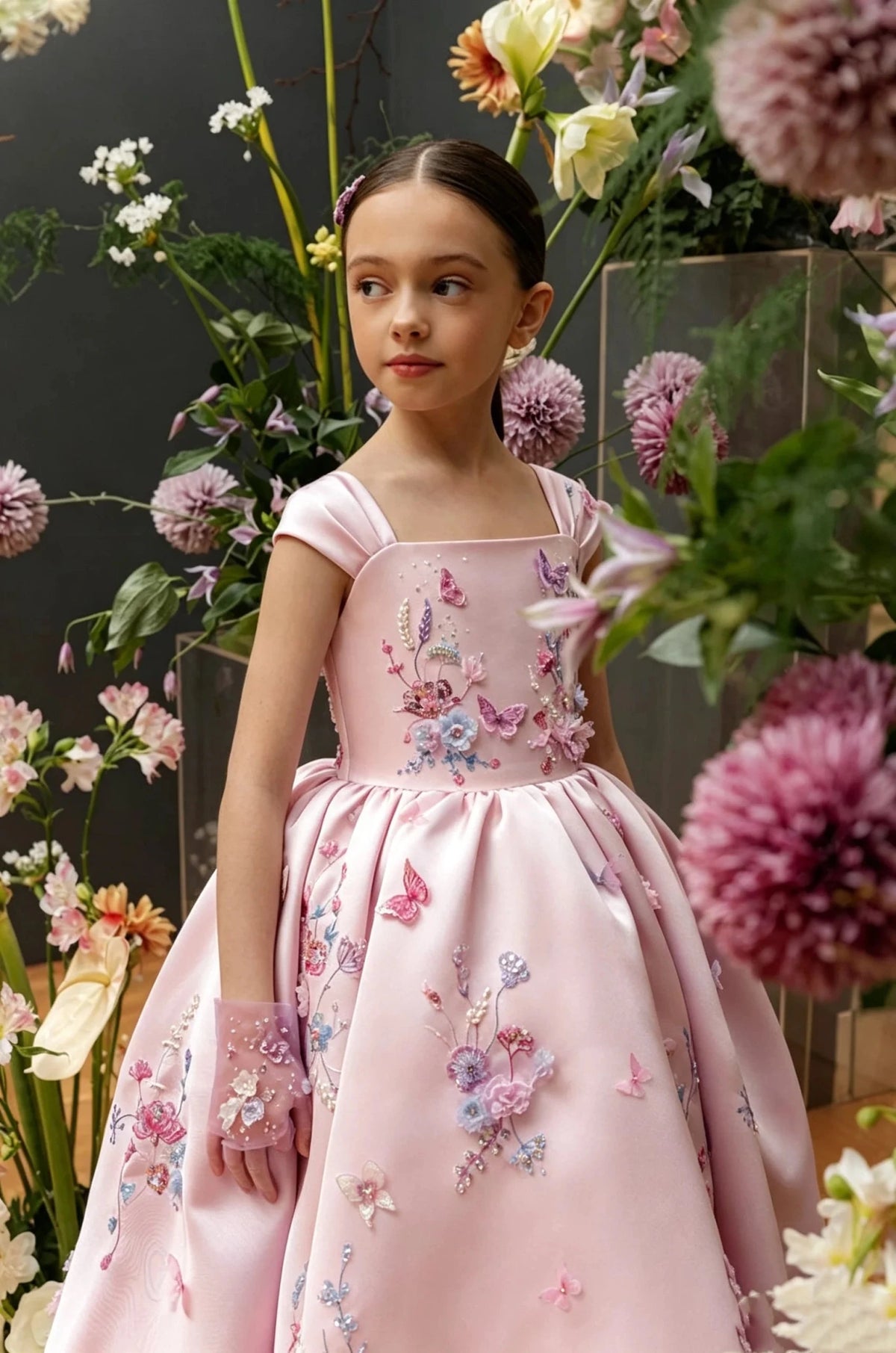 Floral Applique Tea Length Flower Girl Dress - Luzilly Bridal & Apparel