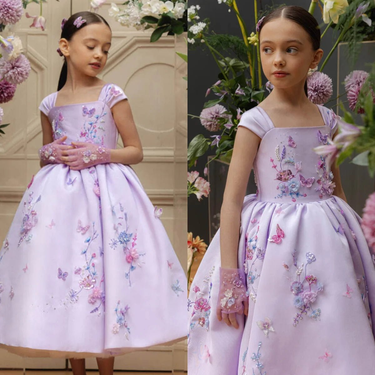 Floral Applique Tea Length Flower Girl Dress - Luzilly Bridal & Apparel