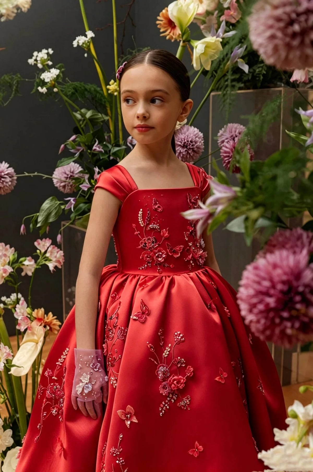 Floral Applique Tea Length Flower Girl Dress - Luzilly Bridal & Apparel