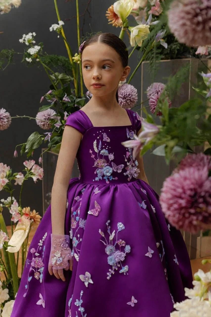 Floral Applique Tea Length Flower Girl Dress - Luzilly Bridal & Apparel