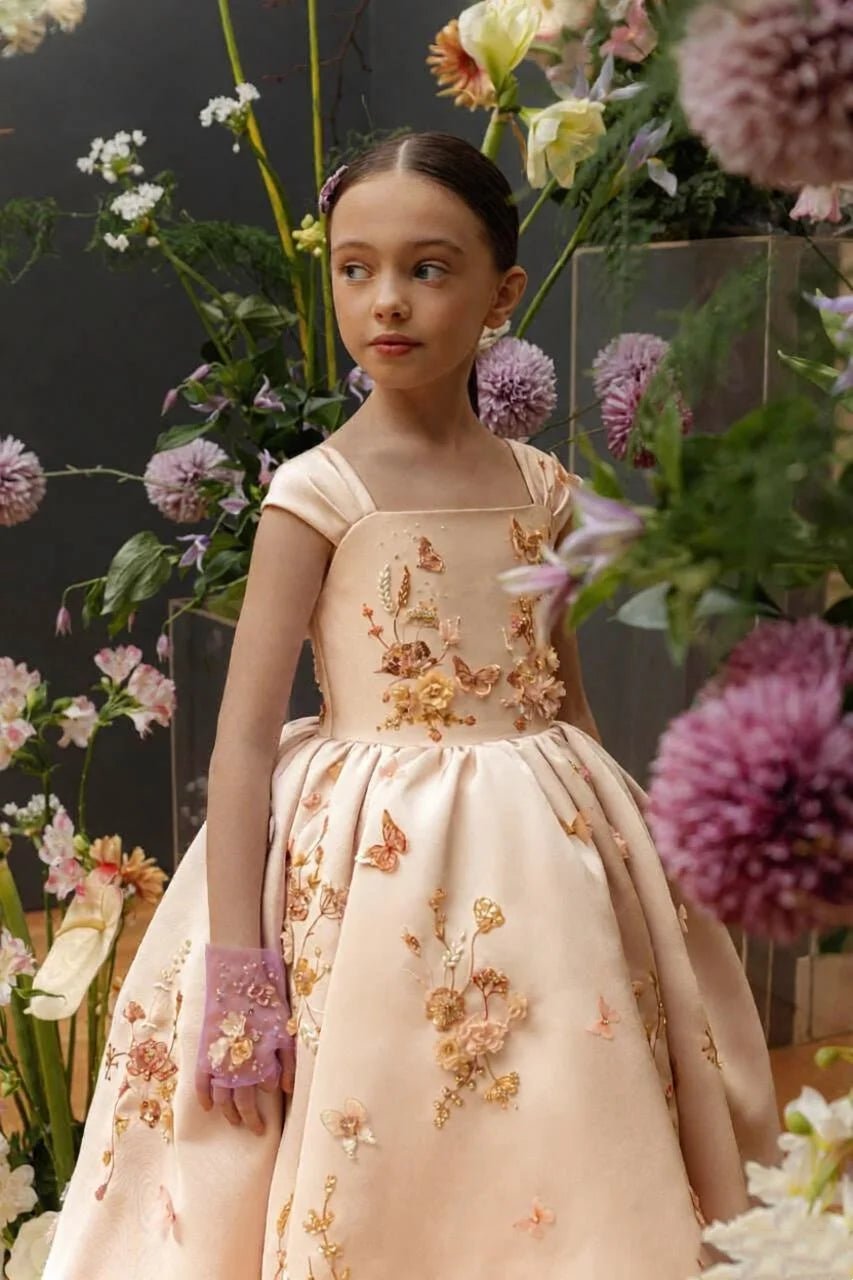 Floral Applique Tea Length Flower Girl Dress - Luzilly Bridal & Apparel
